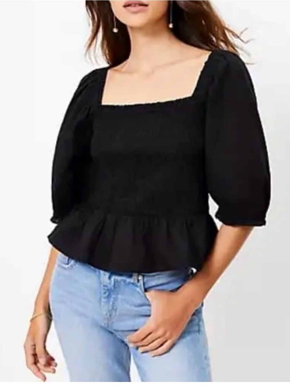Loft Black Smocked Peplum Top with Square Neck and Puff Sleeve